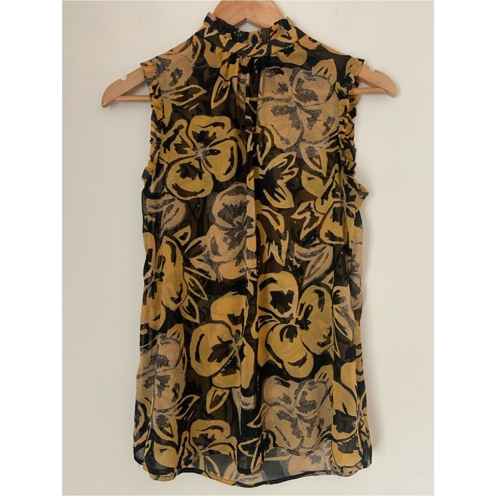 WWW Sleeveless Floral Chiffon High Neck Key Hole Back Blouse Mustard Black XS